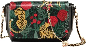 Leopards and Roses Crossbody Bags for Women, Trendy Small Shoulder Bag, PU Leather Clutch Purse Underarm Handbag Satchel HandBag with Adjustable Metal Chain