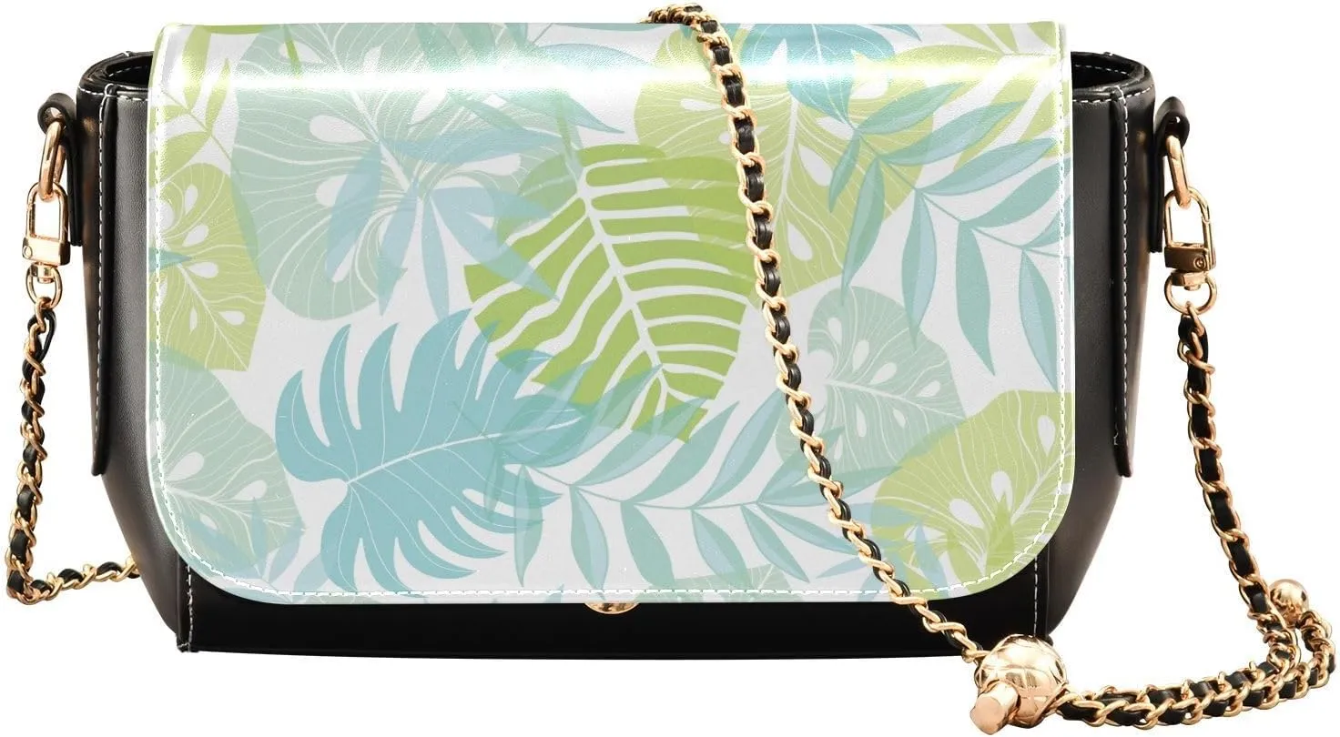 Light Green and Blue Tropical Palm Leaves Crossbody Bags for Women, Trendy Small Shoulder Bag, PU Leather Clutch Purse Underarm Handbag Satchel HandBag with Adjustable Metal Chain