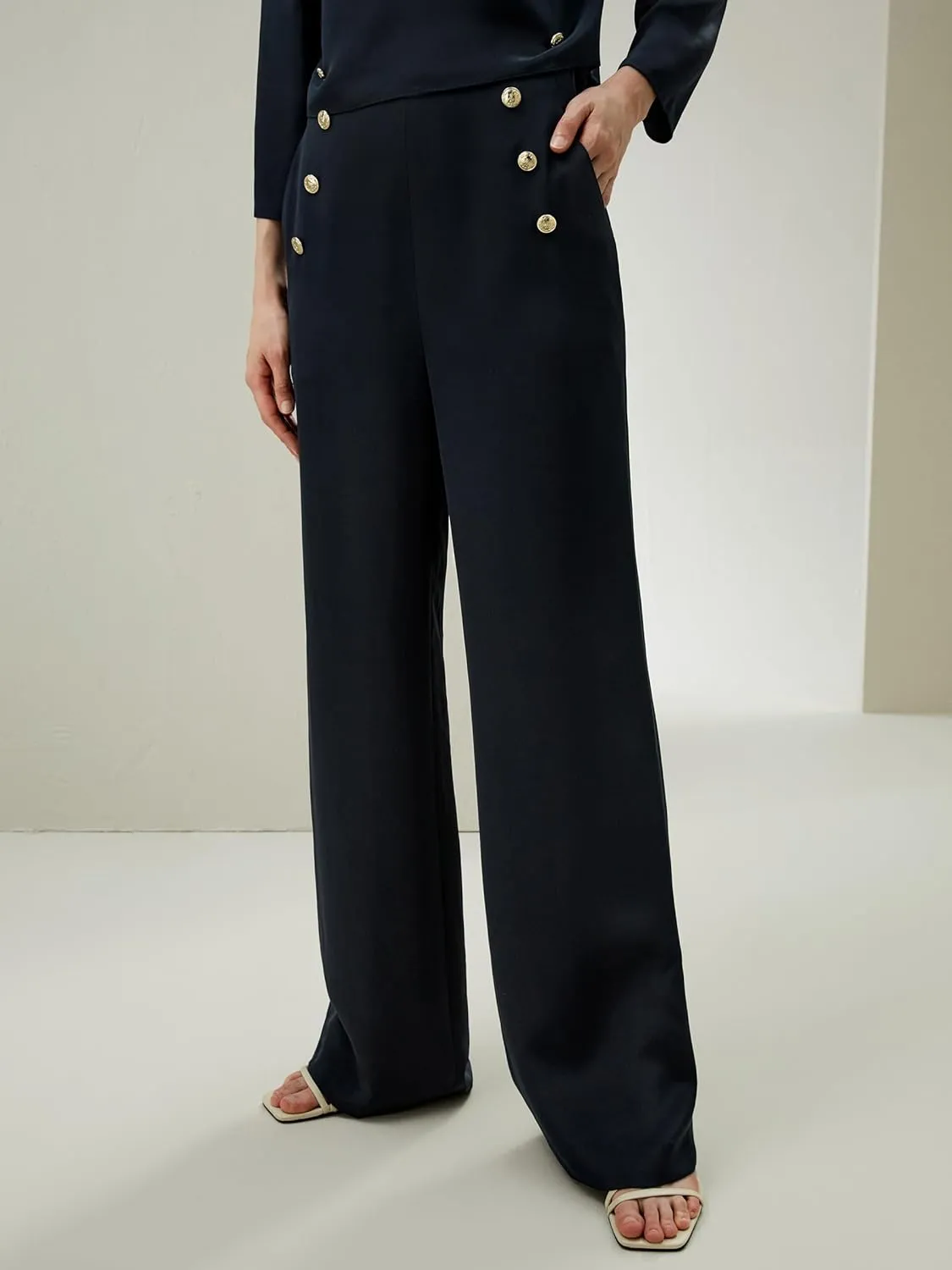 LilySilk 30 Momme 100% Silk Button Front Wide Leg Trousers Concealed Side Zip Fastening High Waist Pants for Women
