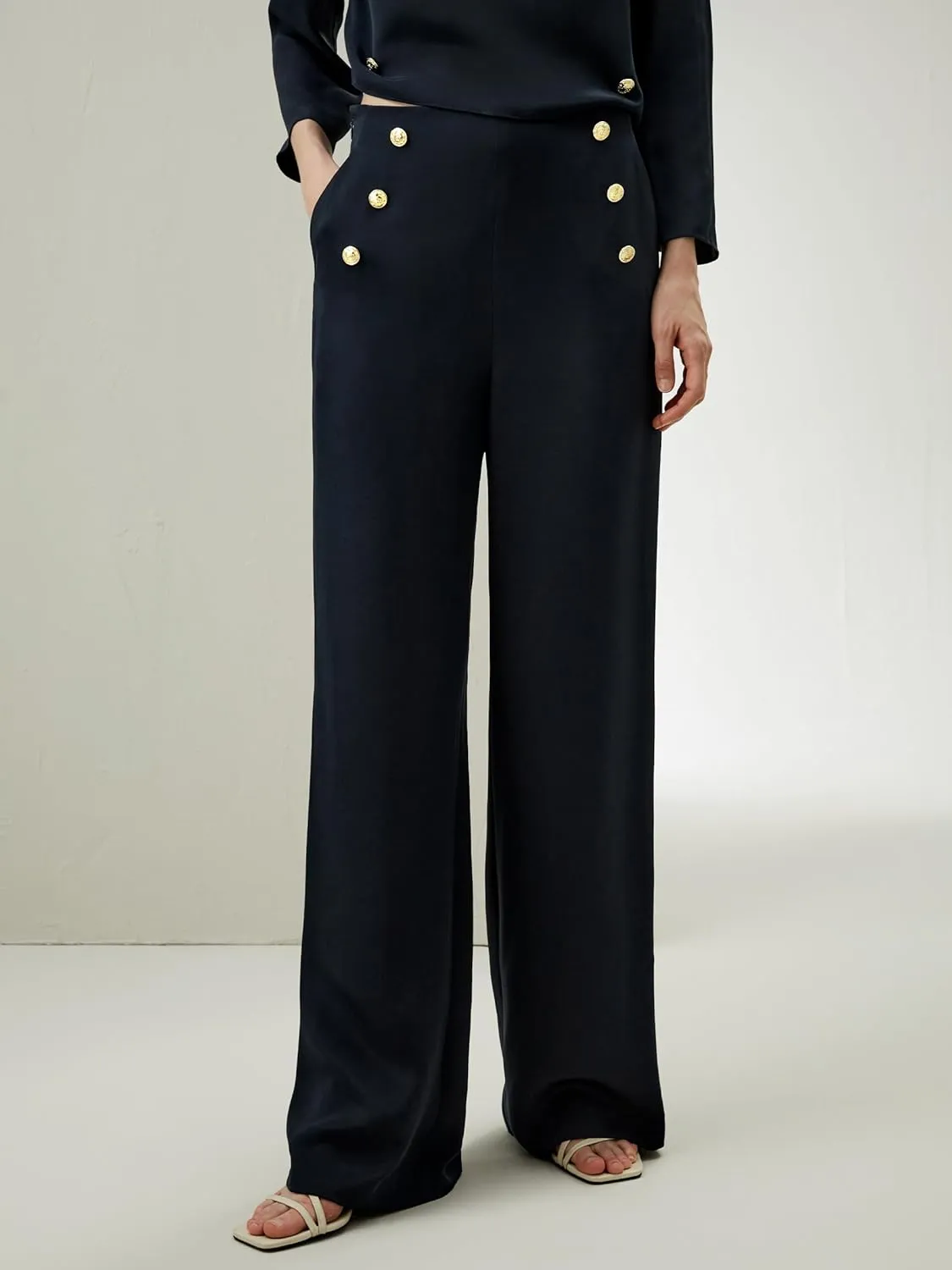 LilySilk 30 Momme 100% Silk Button Front Wide Leg Trousers Concealed Side Zip Fastening High Waist Pants for Women