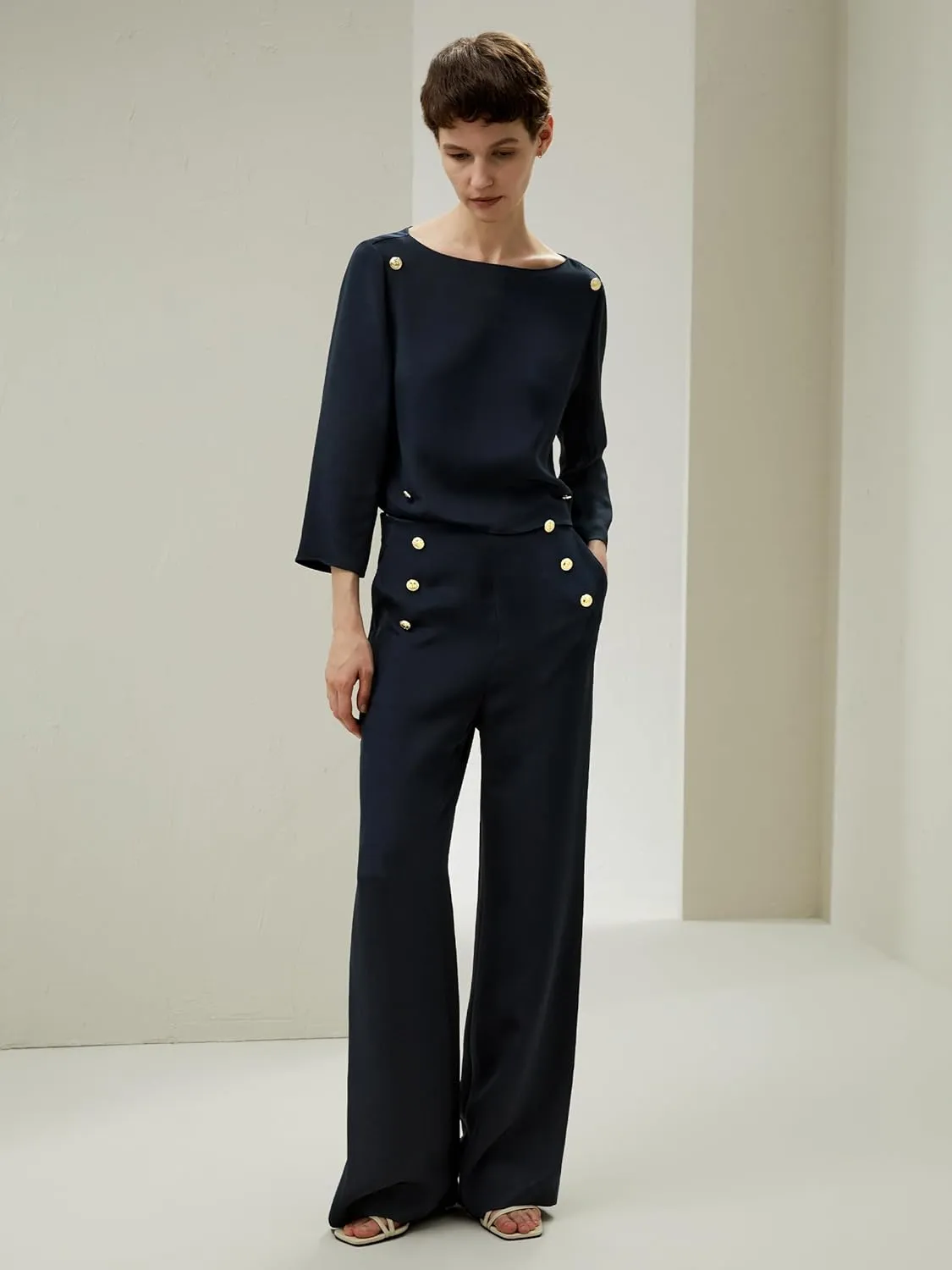 LilySilk 30 Momme 100% Silk Button Front Wide Leg Trousers Concealed Side Zip Fastening High Waist Pants for Women