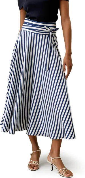 LilySilk Silk Striped Skirt for Women Maxi Midi Length Side Zipper Up Waist Self-Tie Dress for Ladies Pinstripe A Line