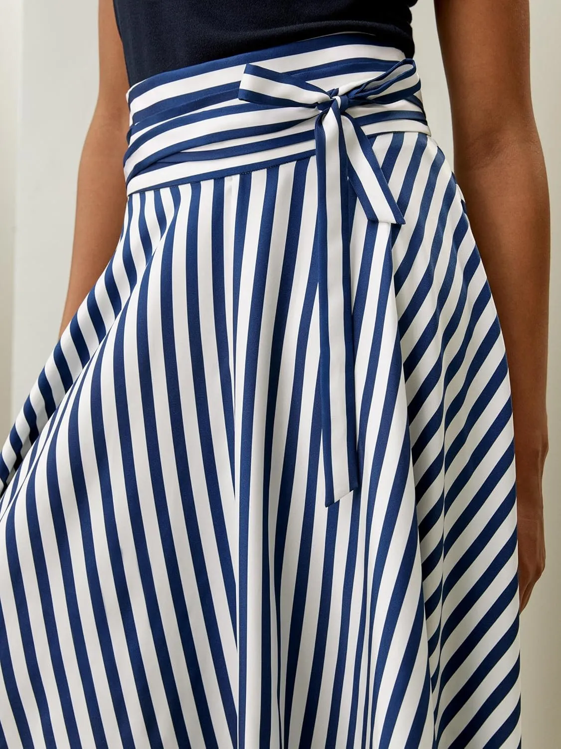 LilySilk Silk Striped Skirt for Women Maxi Midi Length Side Zipper Up Waist Self-Tie Dress for Ladies Pinstripe A Line