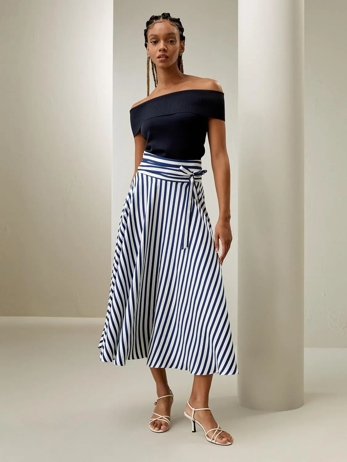LilySilk Silk Striped Skirt for Women Maxi Midi Length Side Zipper Up Waist Self-Tie Dress for Ladies Pinstripe A Line