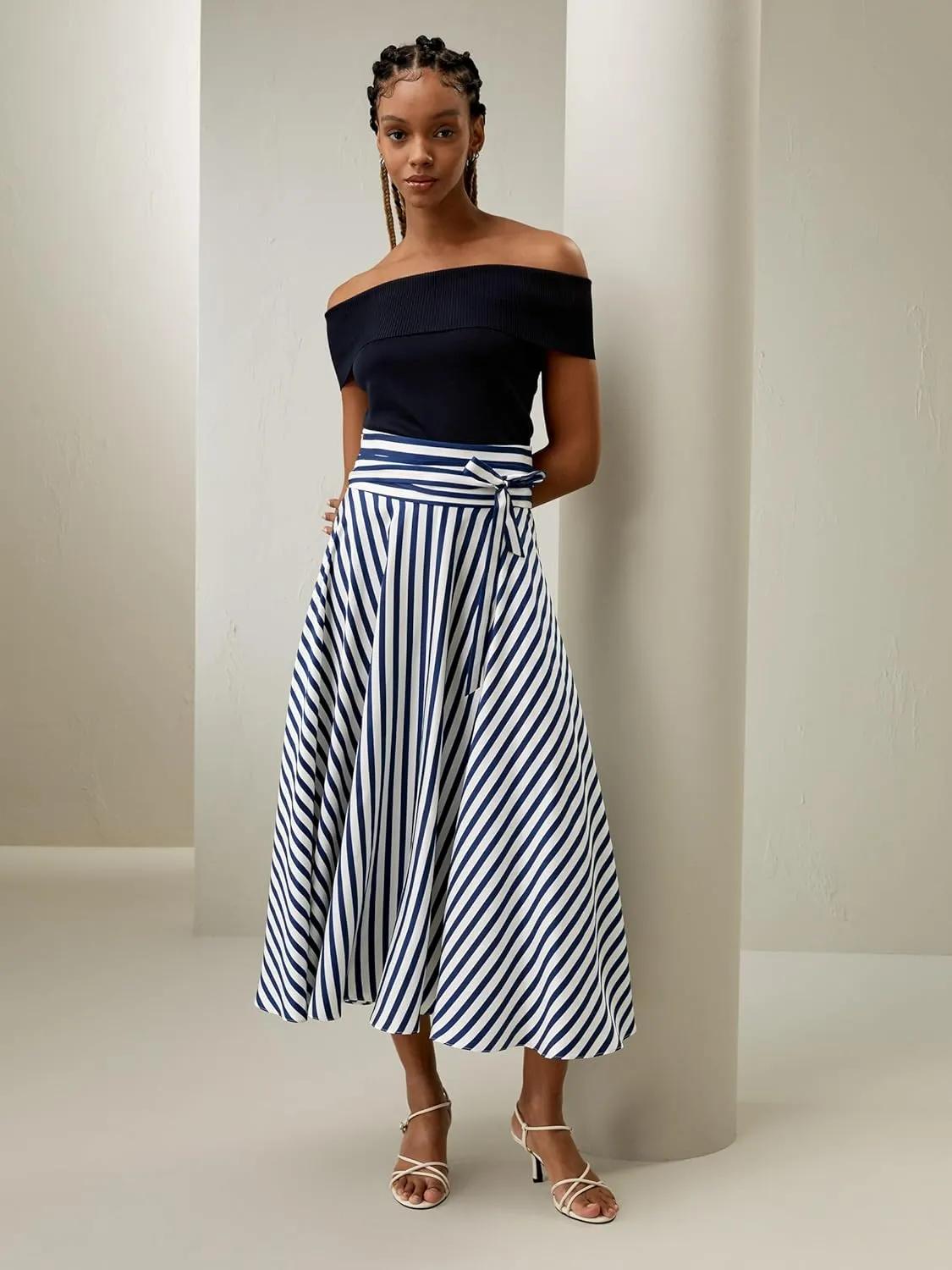LilySilk Silk Striped Skirt for Women Maxi Midi Length Side Zipper Up Waist Self-Tie Dress for Ladies Pinstripe A Line