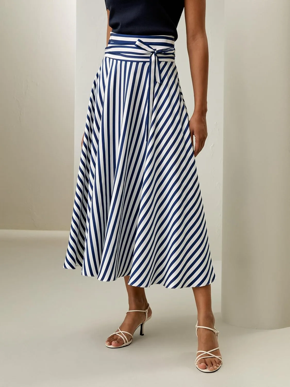 LilySilk Silk Striped Skirt for Women Maxi Midi Length Side Zipper Up Waist Self-Tie Dress for Ladies Pinstripe A Line