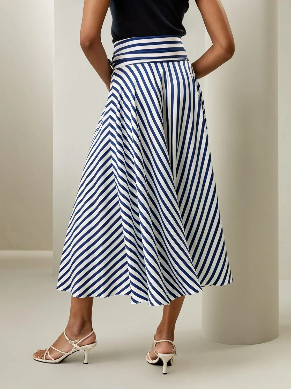 LilySilk Silk Striped Skirt for Women Maxi Midi Length Side Zipper Up Waist Self-Tie Dress for Ladies Pinstripe A Line