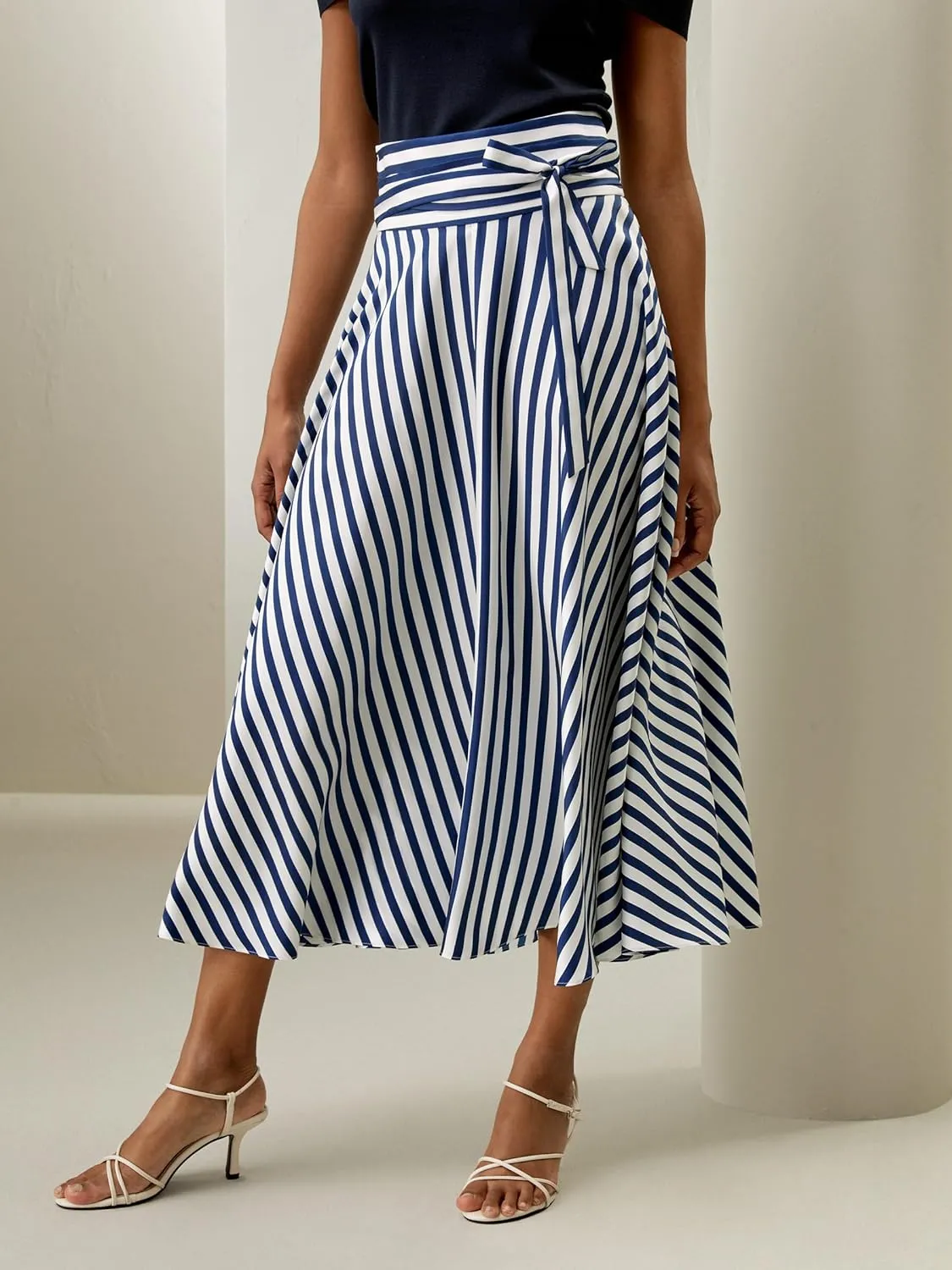 LilySilk Silk Striped Skirt for Women Maxi Midi Length Side Zipper Up Waist Self-Tie Dress for Ladies Pinstripe A Line