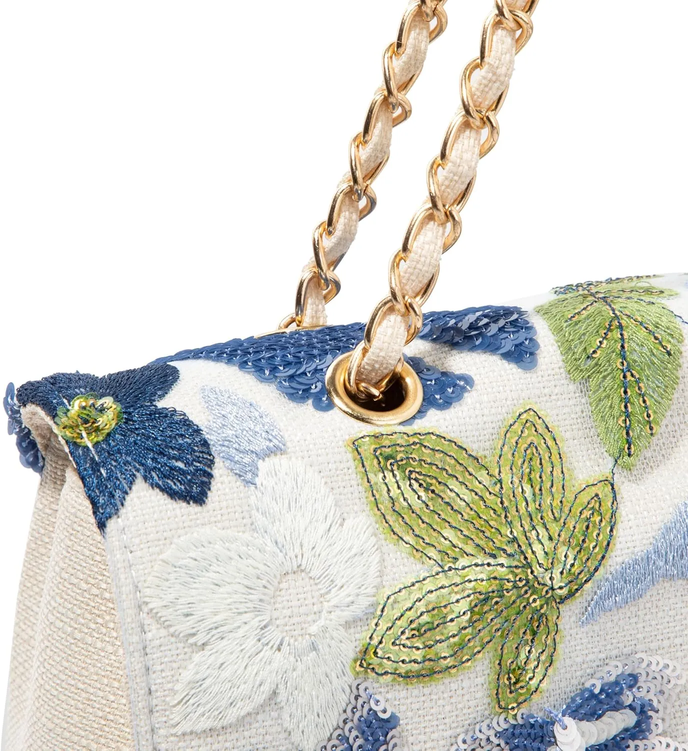 Linen Sequin Embroidered Floral Shoulder Bag with Turn-Lock Flap for Wedding Party