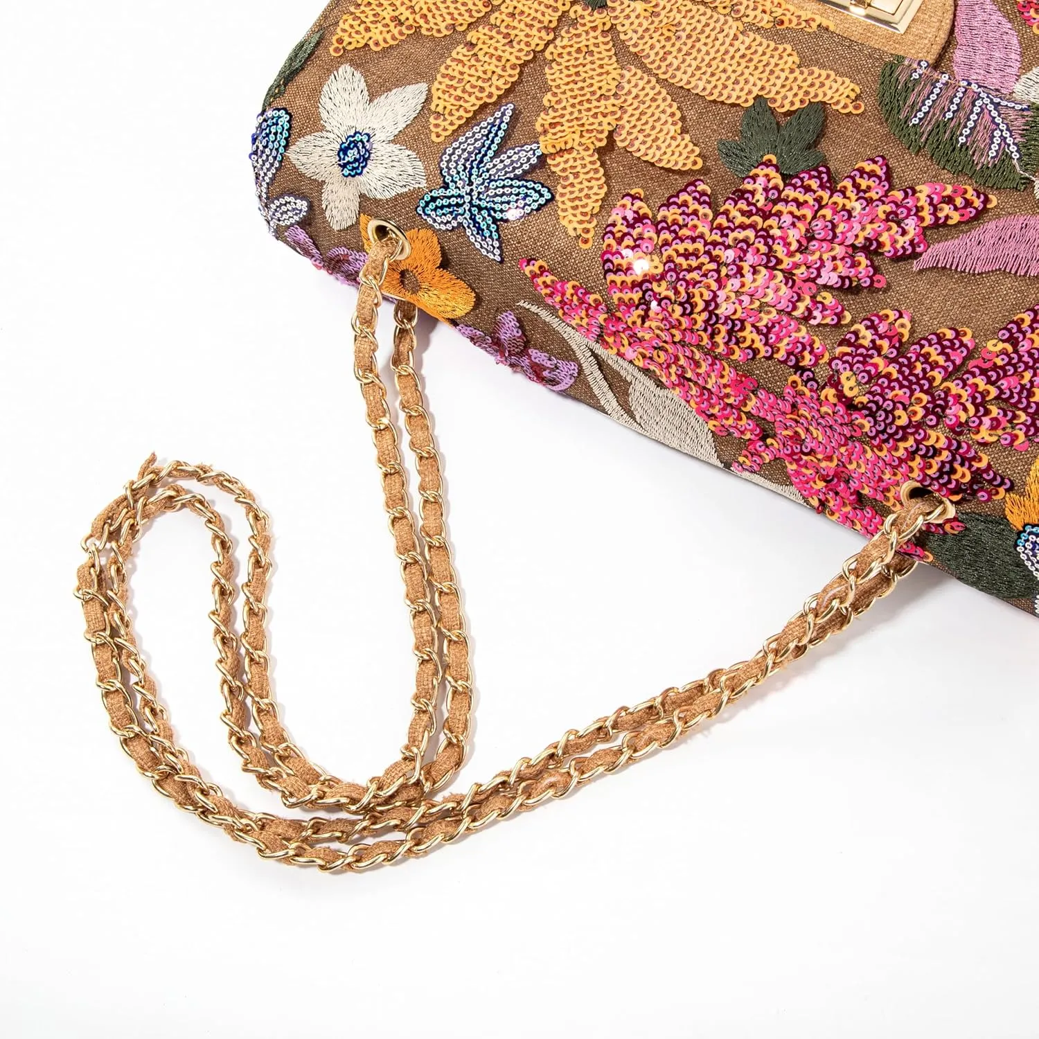 Linen Sequin Embroidered Floral Shoulder Bag with Turn-Lock Flap for Wedding Party