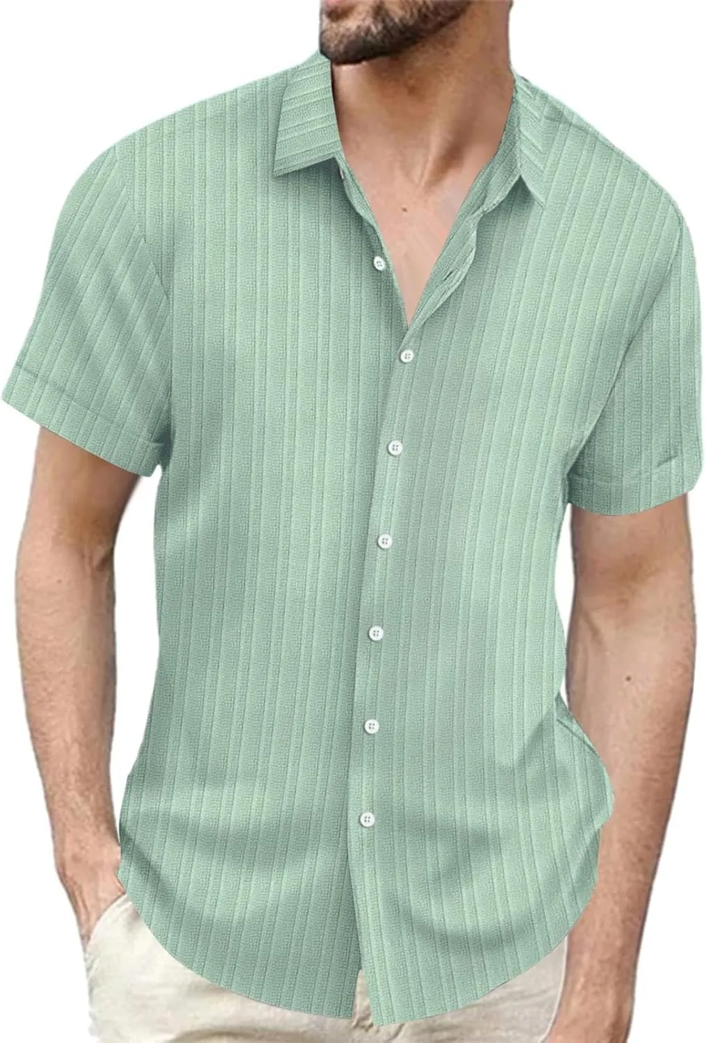 Linen Shirts for Men Big and Tall Wrinkle Free Dress Shirts Summer Short Sleeve Button Up Untucked Striped Shirts