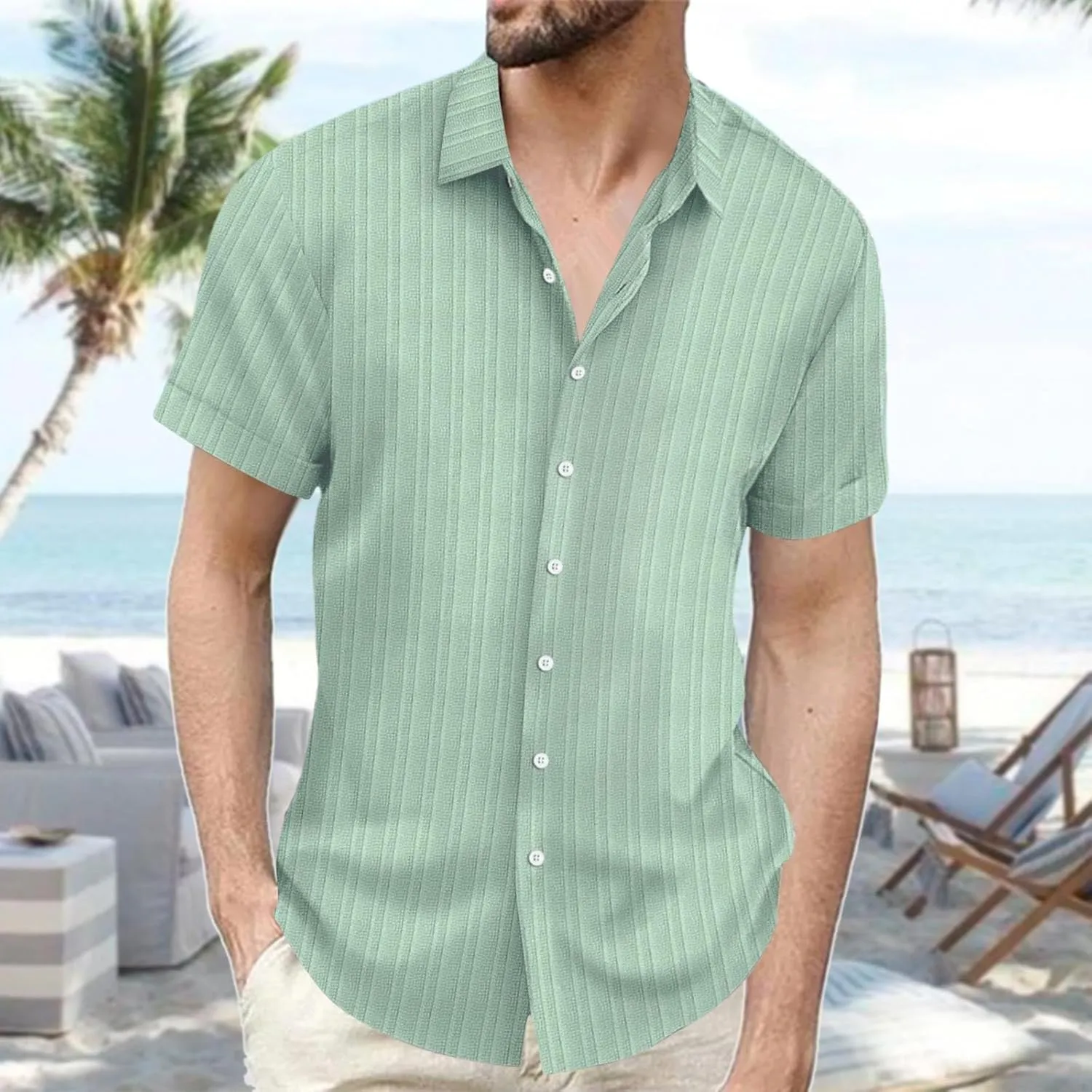 Linen Shirts for Men Big and Tall Wrinkle Free Dress Shirts Summer Short Sleeve Button Up Untucked Striped Shirts