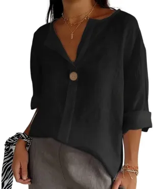 Linen Shirts for Women Plus Size Summer Tops Casual Lightweight V Neck Tees for Work 2025 Button Tunic Blouses
