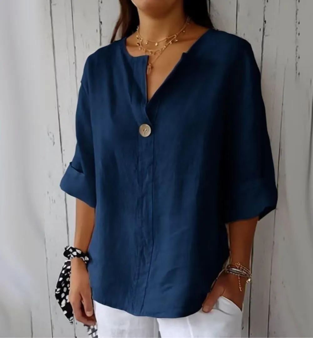 Linen Shirts for Women Plus Size Summer Tops Casual Lightweight V Neck Tees for Work 2025 Button Tunic Blouses
