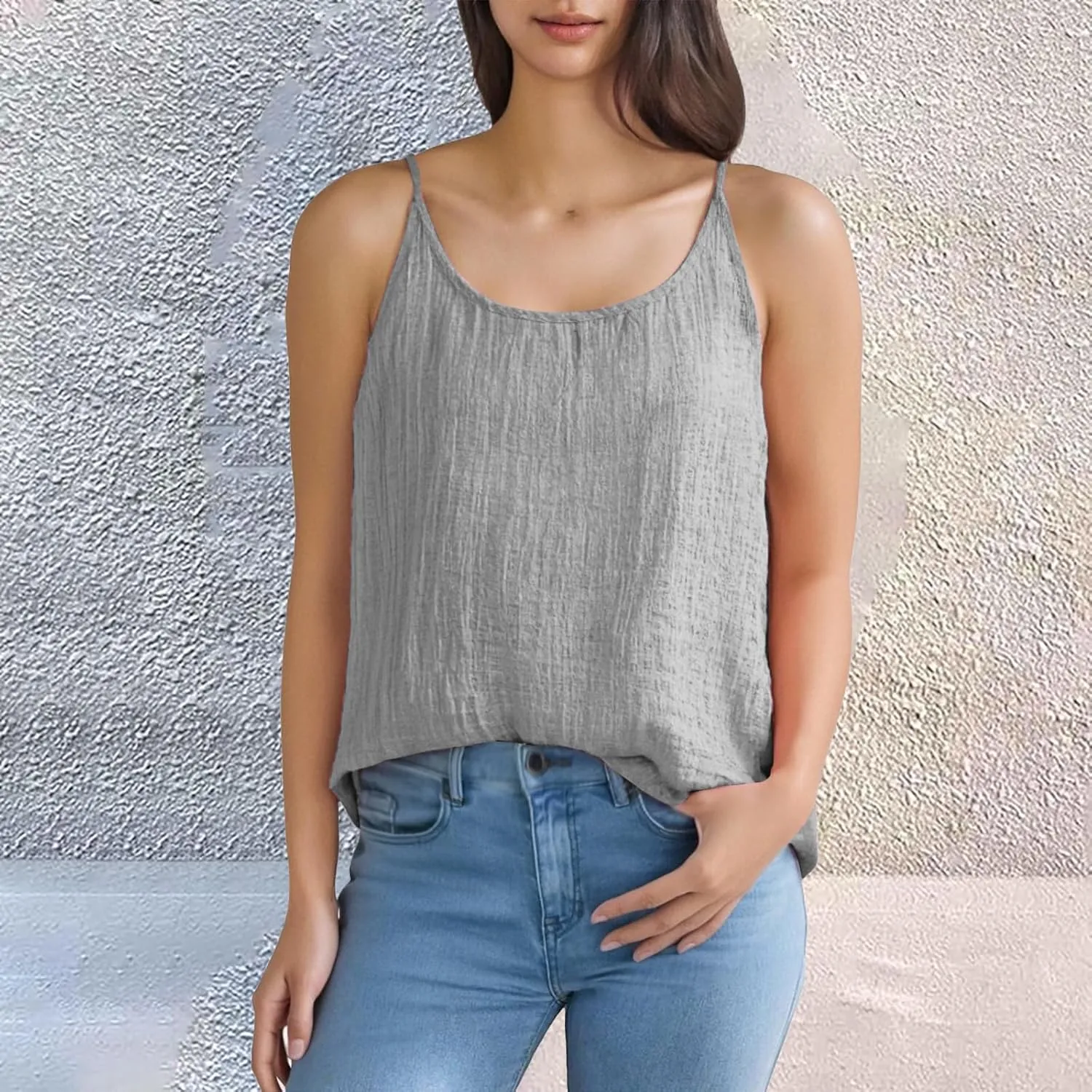 Linen Tank Tops for Women Vintage Spaghetti Strap Camisole Summer Casual Sleeveless Loose Vacation Cami Tanks
