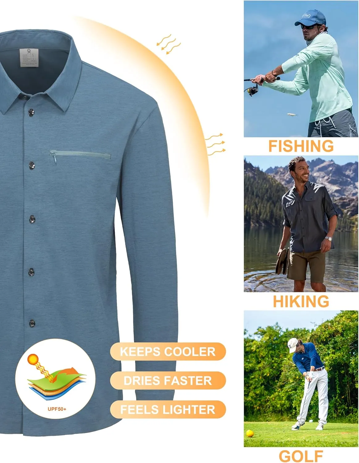 Little Donkey Andy Men's UPF 50  UV Protection Shirts, Cooling Quick-Dry Performance Fishing Shirts for Outdoor