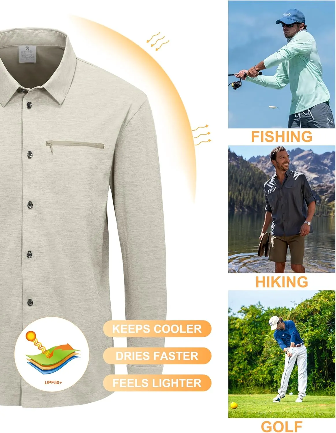 Little Donkey Andy Men's UPF 50  UV Protection Shirts, Cooling Quick-Dry Performance Fishing Shirts for Outdoor