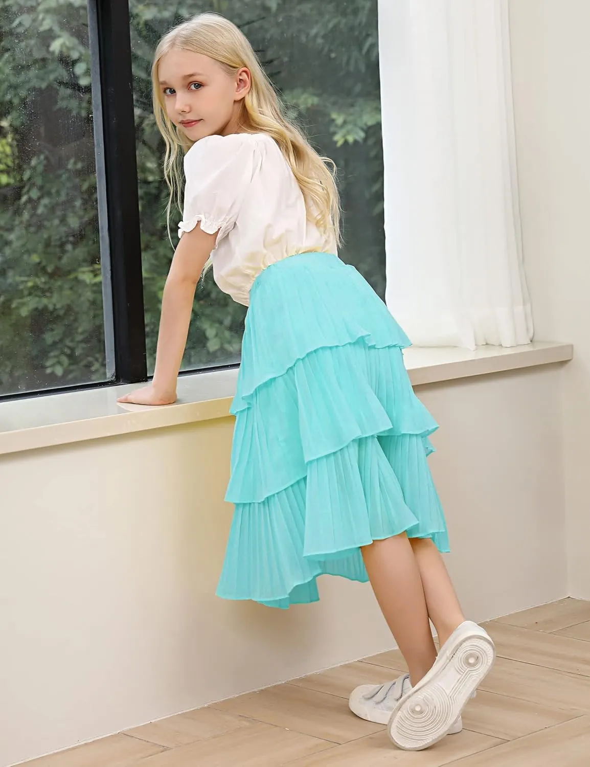 Little Girls Multi-Layers Ruffle A-line Flared Midi Knee Length Tutu Pleated Skirt