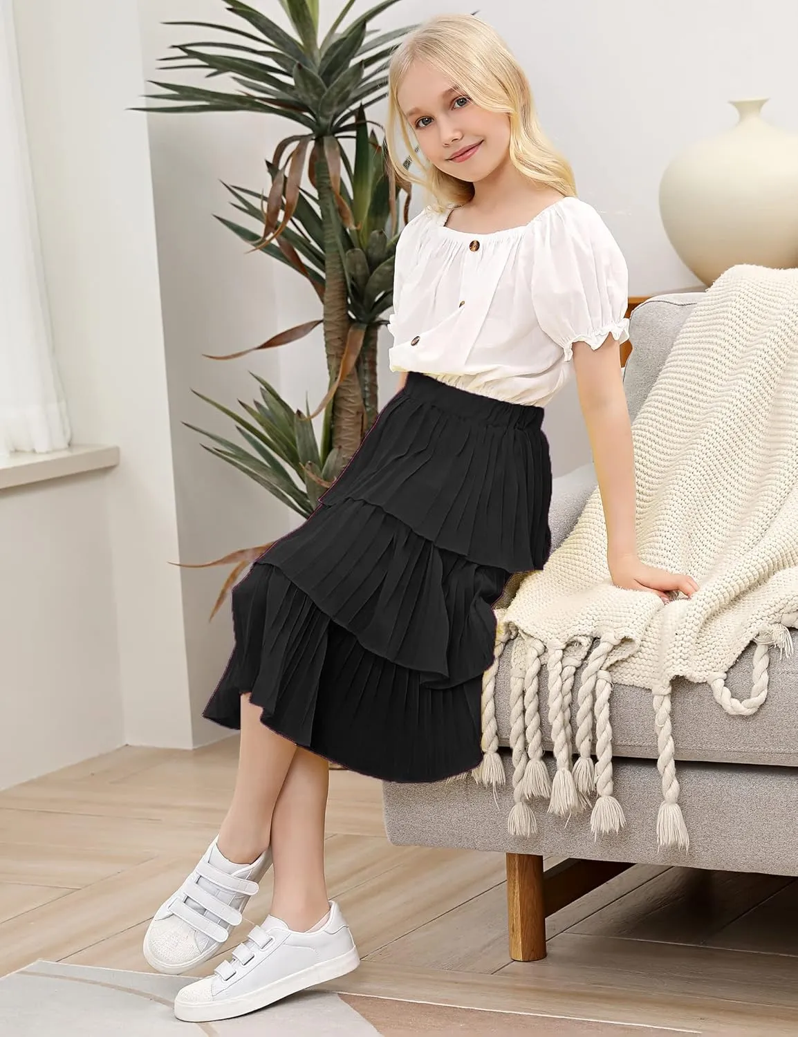 Little Girls Multi-Layers Ruffle A-line Flared Midi Knee Length Tutu Pleated Skirt