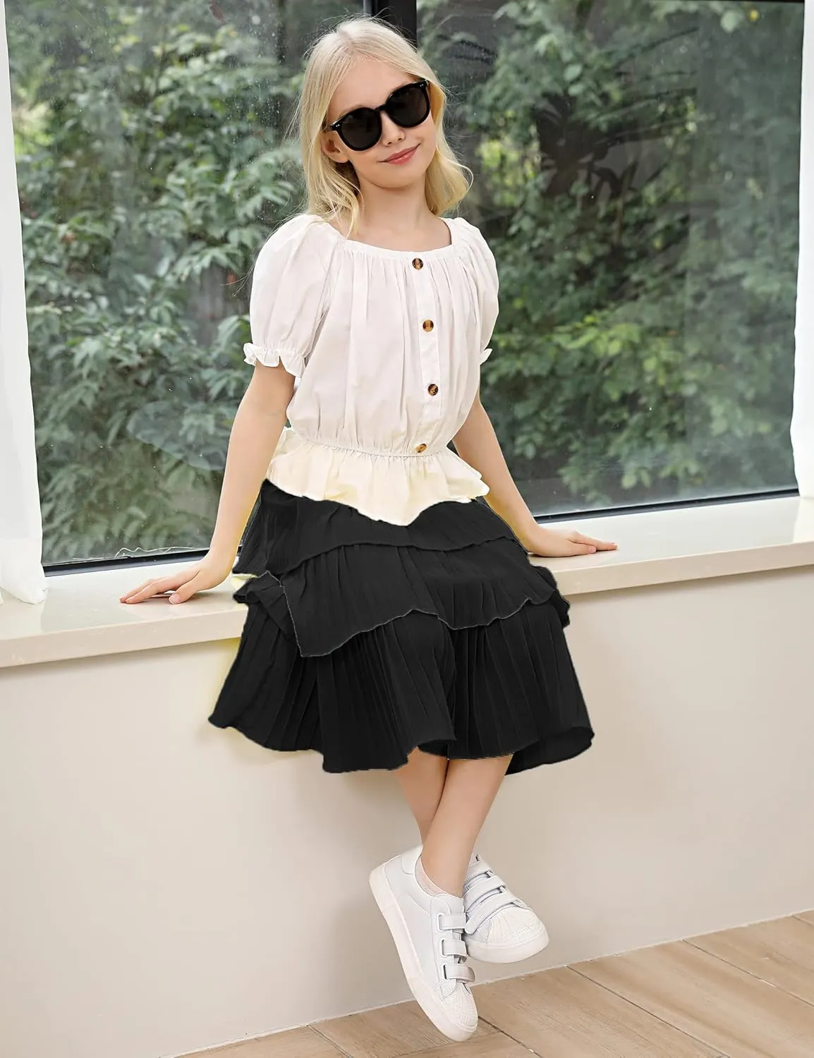 Little Girls Multi-Layers Ruffle A-line Flared Midi Knee Length Tutu Pleated Skirt
