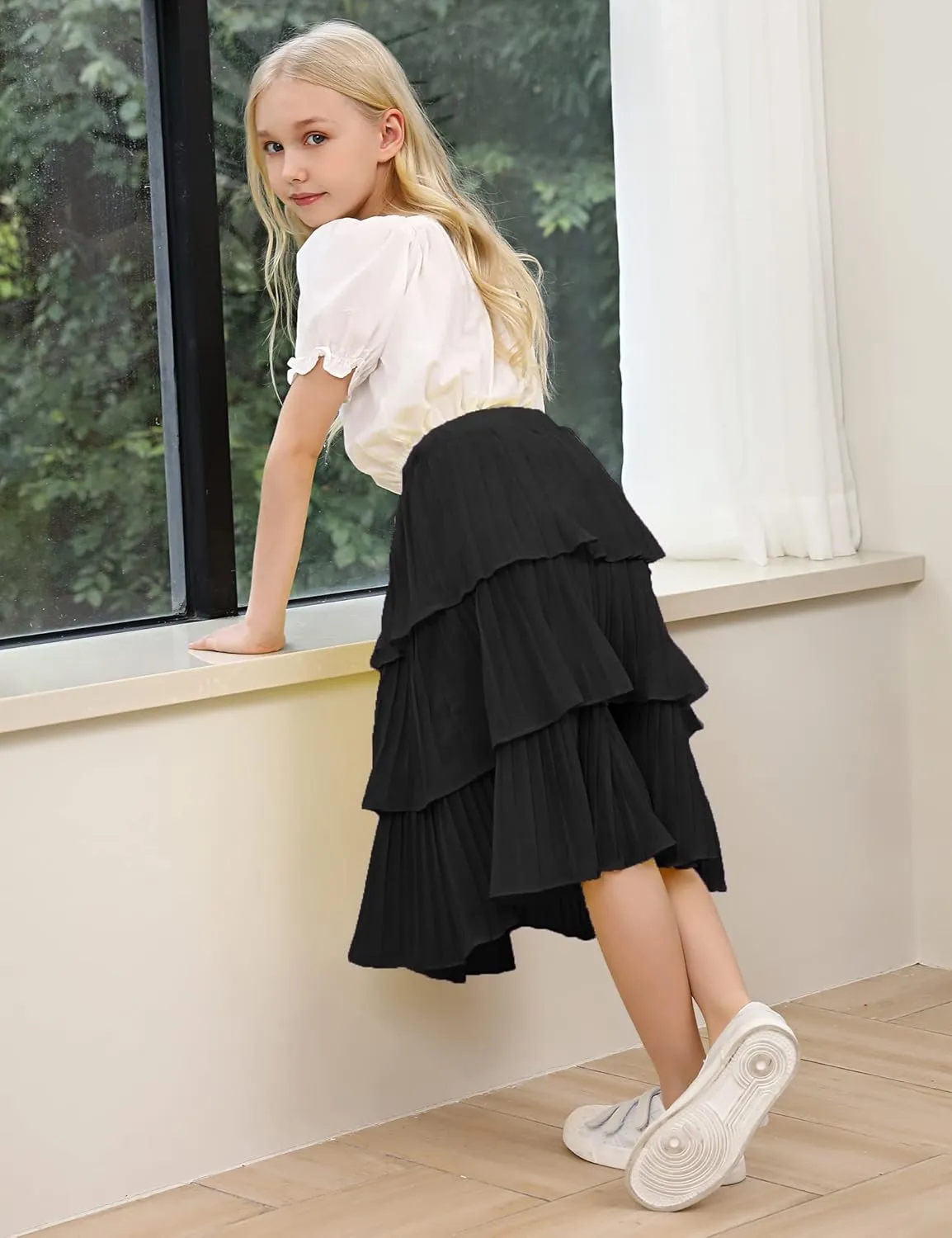 Little Girls Multi-Layers Ruffle A-line Flared Midi Knee Length Tutu Pleated Skirt