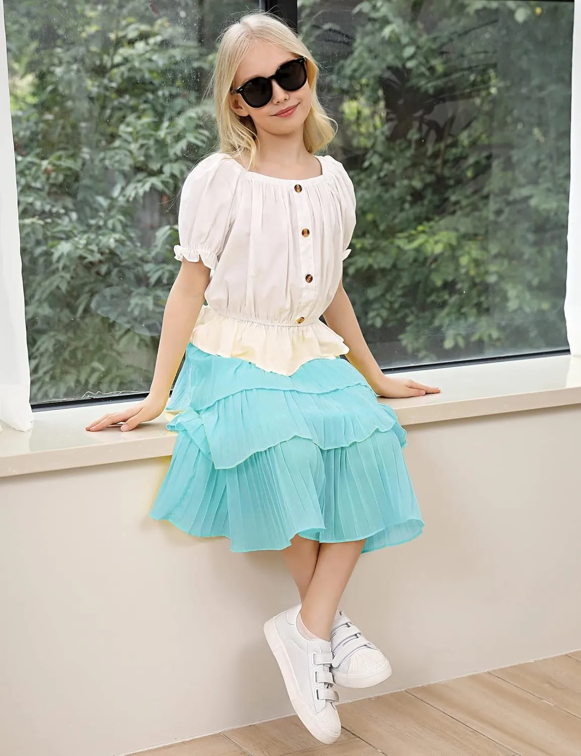 Little Girls Multi-Layers Ruffle A-line Flared Midi Knee Length Tutu Pleated Skirt
