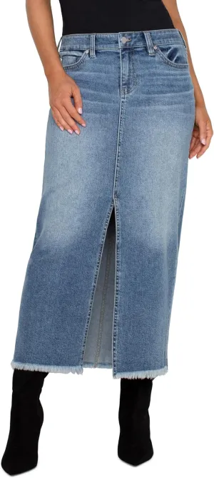 Liverpool Women's 5-Pocket Front Slit Maxi Skirt with Fray Hem Vintage Denim