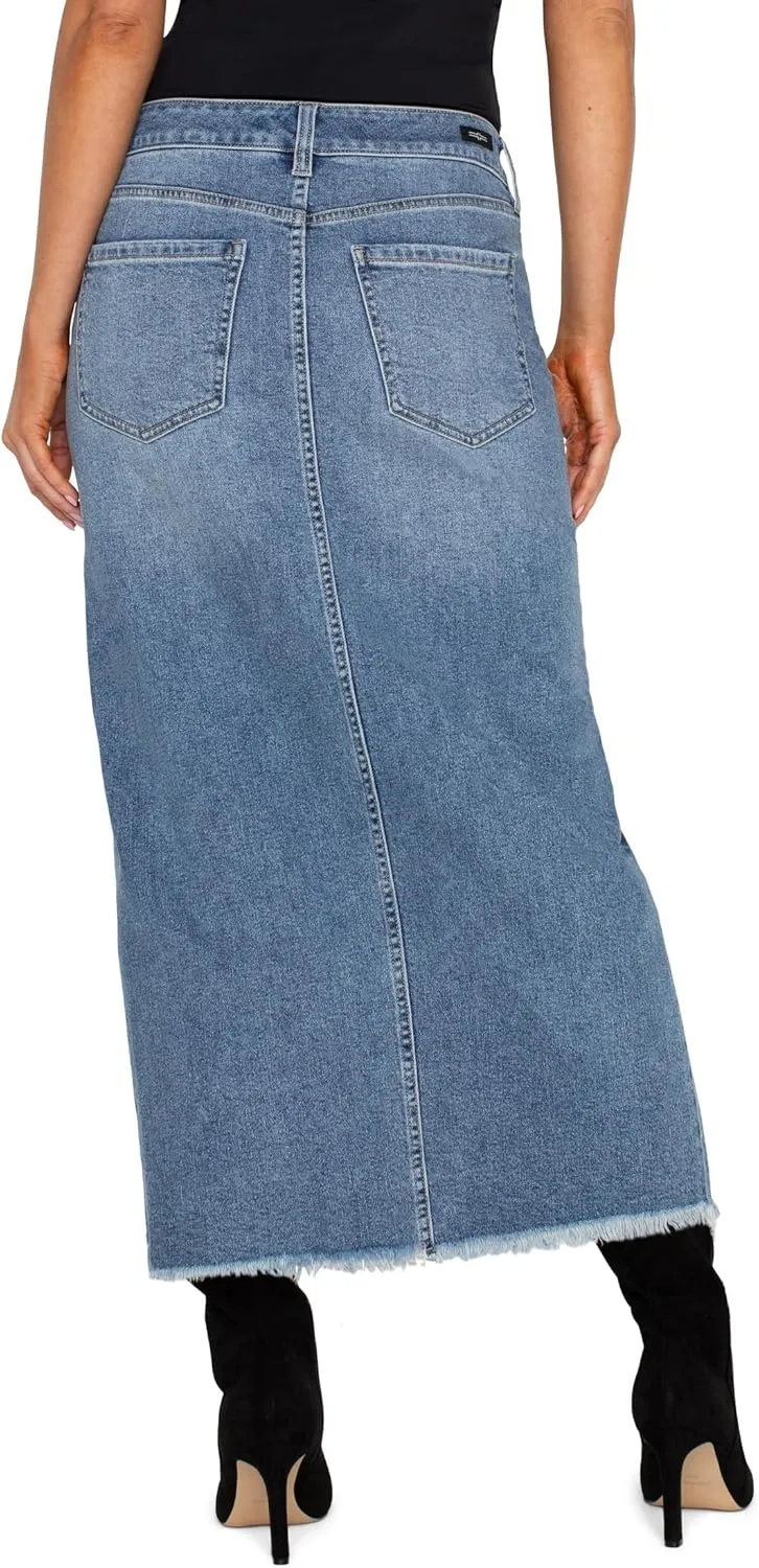 Liverpool Women's 5-Pocket Front Slit Maxi Skirt with Fray Hem Vintage Denim