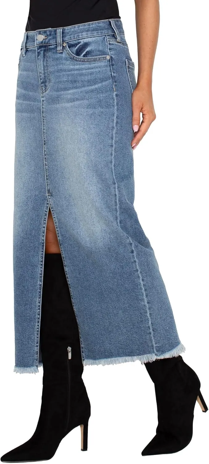Liverpool Women's 5-Pocket Front Slit Maxi Skirt with Fray Hem Vintage Denim