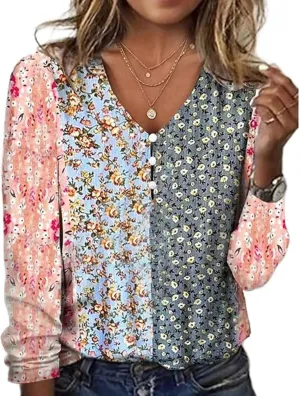Long Sleeve Shirts for Women Dressy Casual Boho Floral Printed Tunic Tops V Neck Button Up Top 2024