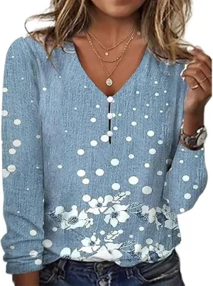Long Sleeve Shirts for Women Dressy Casual Boho Floral Printed Tunic Tops V Neck Button Up Top 2024