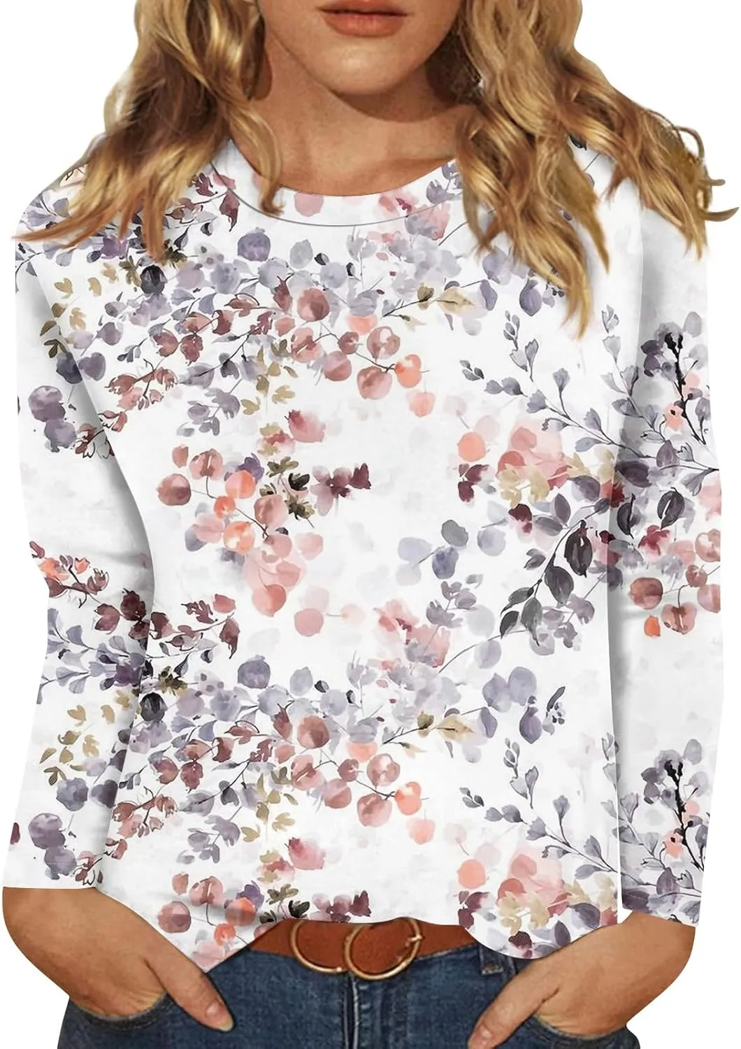 Long Sleeve Womens Tops 2024 Vintage Print Casual Loose with Round Neck Plus Size Shirts