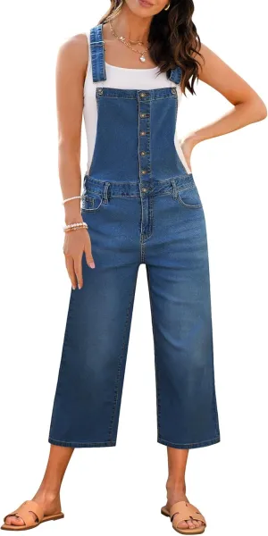luvamia Denim Overalls for Women Stretchy Capri Jean Jumpsuit Loose Fit Summer Cropped Wide Leg Button Front Bib Overall