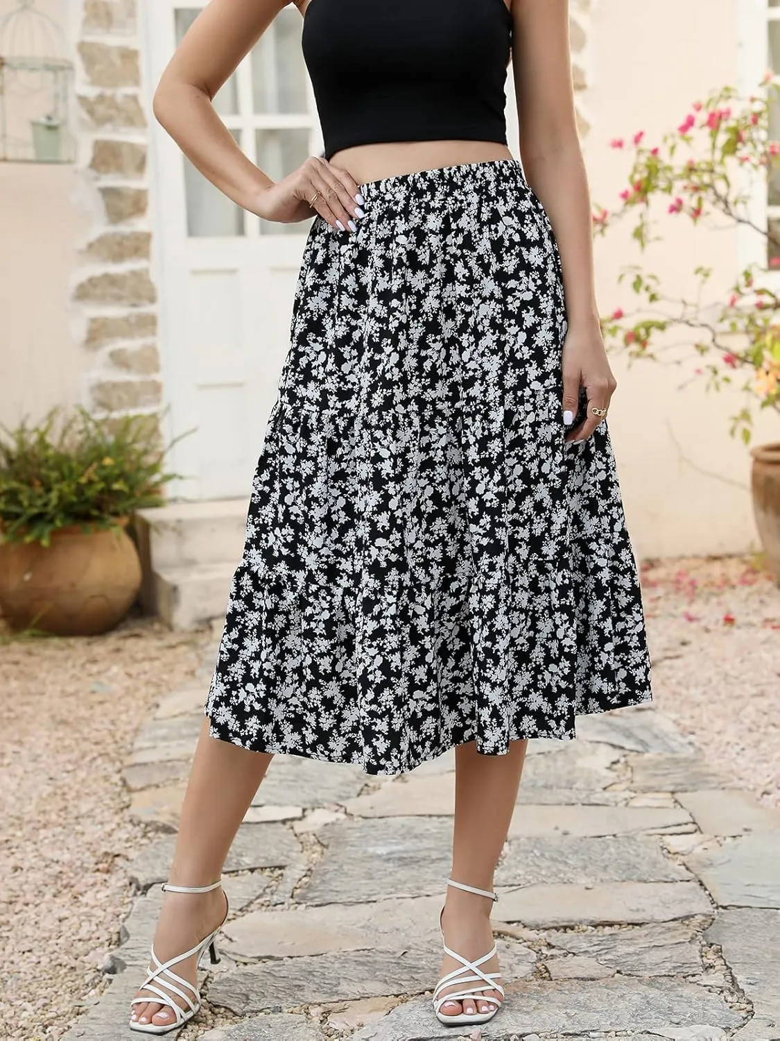 Lyrur Women's Floral Midi Skirt with Pockets High Elastic Waist Flowy Ruffle Casual Summer Boho Aline Skirts