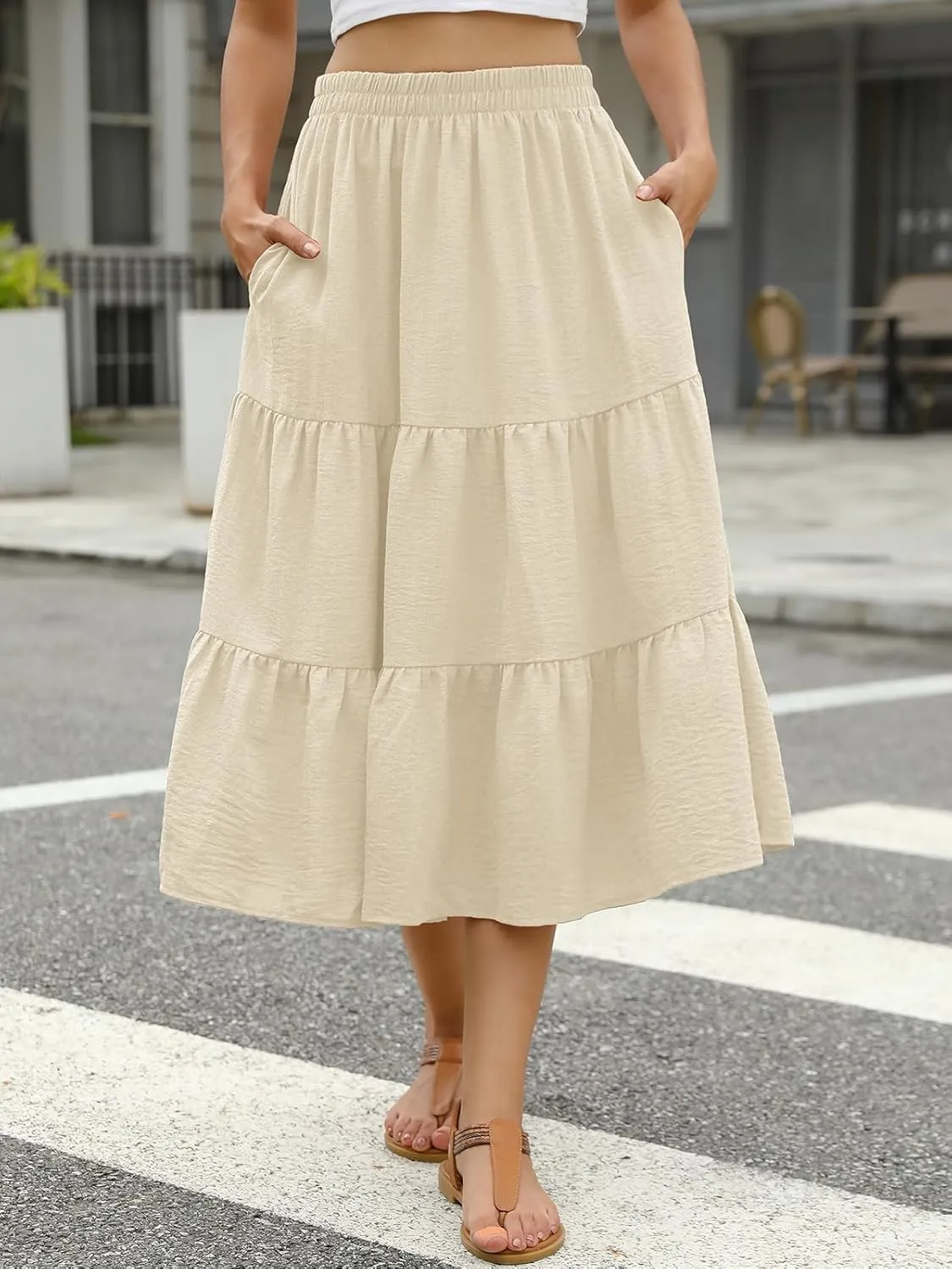 Lyrur Women's Floral Midi Skirt with Pockets High Elastic Waist Flowy Ruffle Casual Summer Boho Aline Skirts