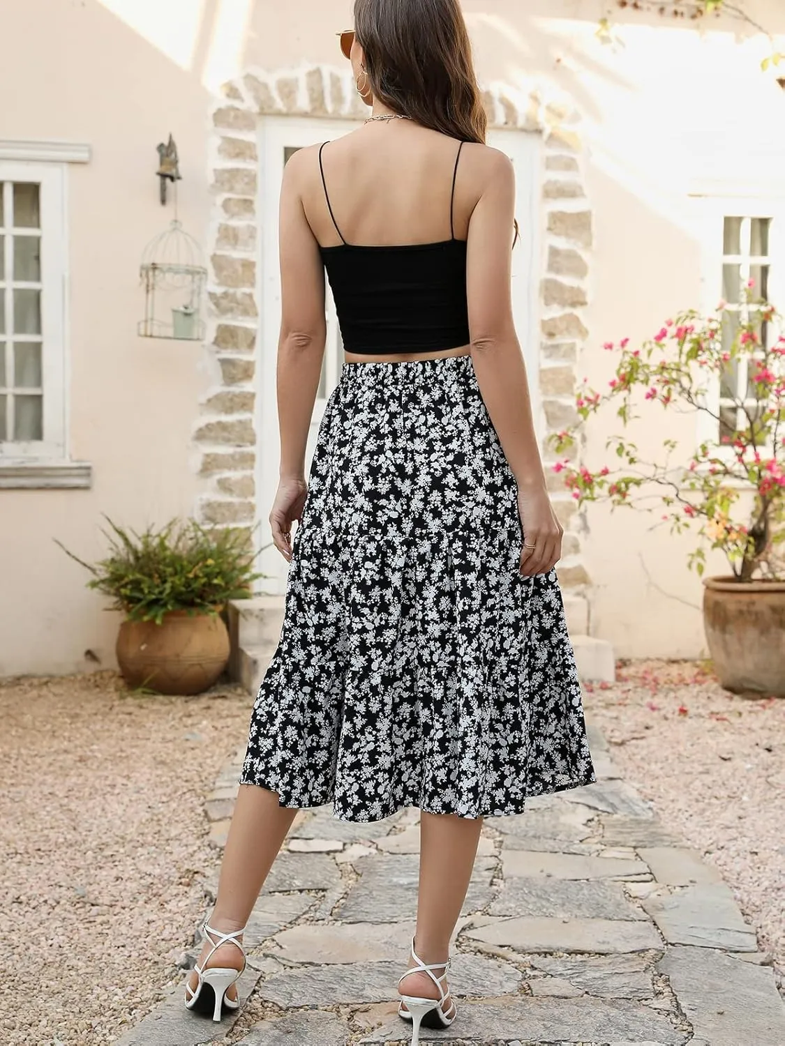 Lyrur Women's Floral Midi Skirt with Pockets High Elastic Waist Flowy Ruffle Casual Summer Boho Aline Skirts