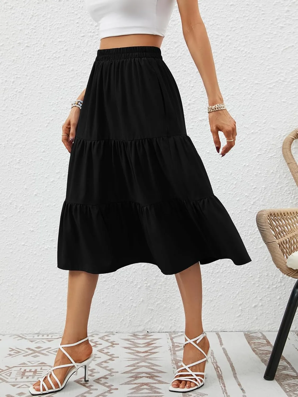 Lyrur Women's Floral Midi Skirt with Pockets High Elastic Waist Flowy Ruffle Casual Summer Boho Aline Skirts