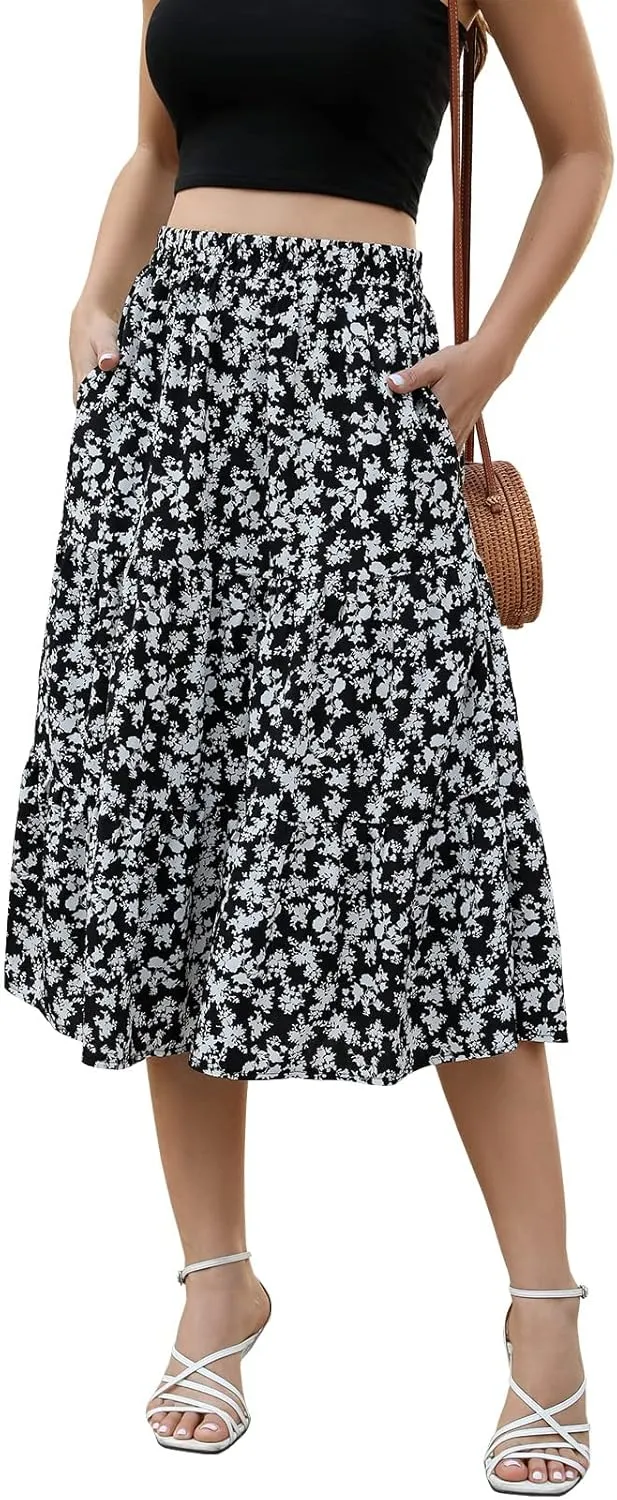 Lyrur Women's Floral Midi Skirt with Pockets High Elastic Waist Flowy Ruffle Casual Summer Boho Aline Skirts