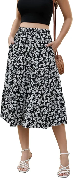Lyrur Women's Floral Midi Skirt with Pockets High Elastic Waist Flowy Ruffle Casual Summer Boho Aline Skirts