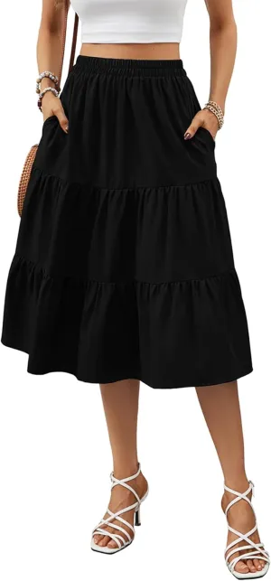 Lyrur Women's Floral Midi Skirt with Pockets High Elastic Waist Flowy Ruffle Casual Summer Boho Aline Skirts