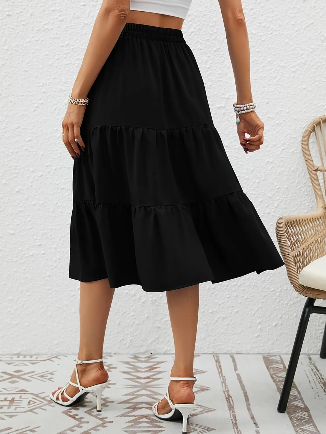 Lyrur Women's Floral Midi Skirt with Pockets High Elastic Waist Flowy Ruffle Casual Summer Boho Aline Skirts