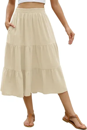 Lyrur Women's Floral Midi Skirt with Pockets High Elastic Waist Flowy Ruffle Casual Summer Boho Aline Skirts
