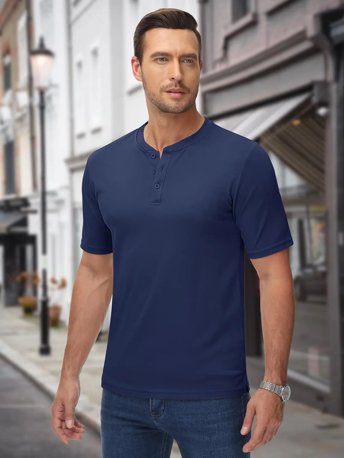 MAGCOMSEN Men's Henley Shirts Short Sleeve Casual Collarless Shirt Quick Dry Summer T-Shirts Golf Workout Tops
