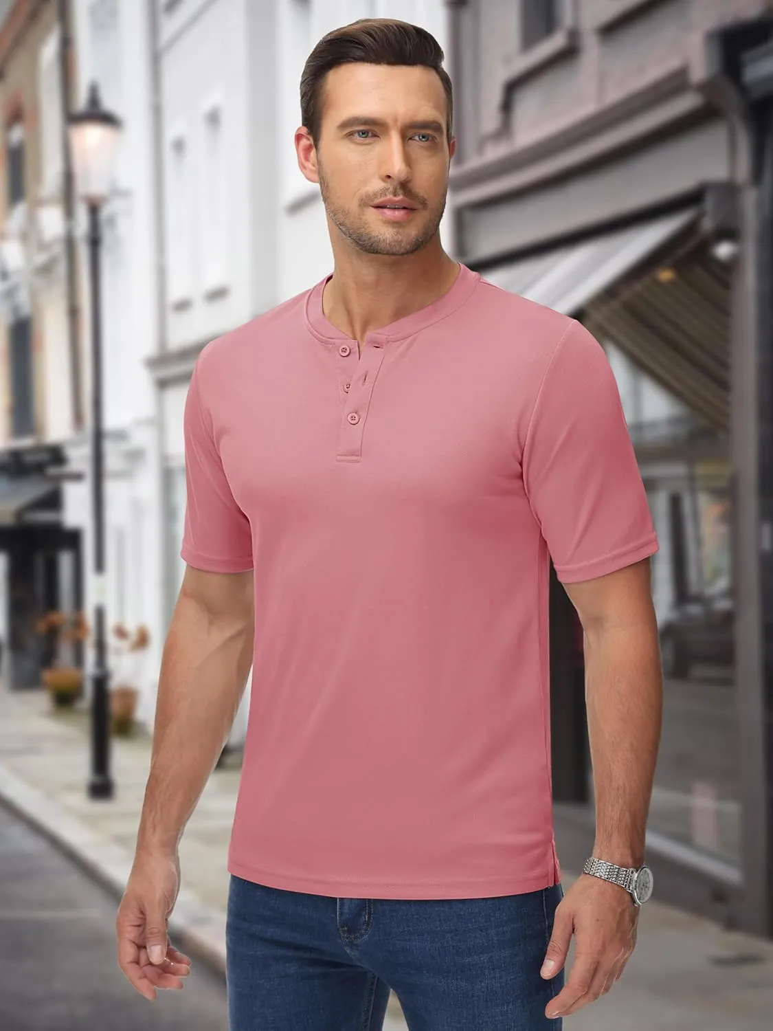 MAGCOMSEN Men's Henley Shirts Short Sleeve Casual Collarless Shirt Quick Dry Summer T-Shirts Golf Workout Tops