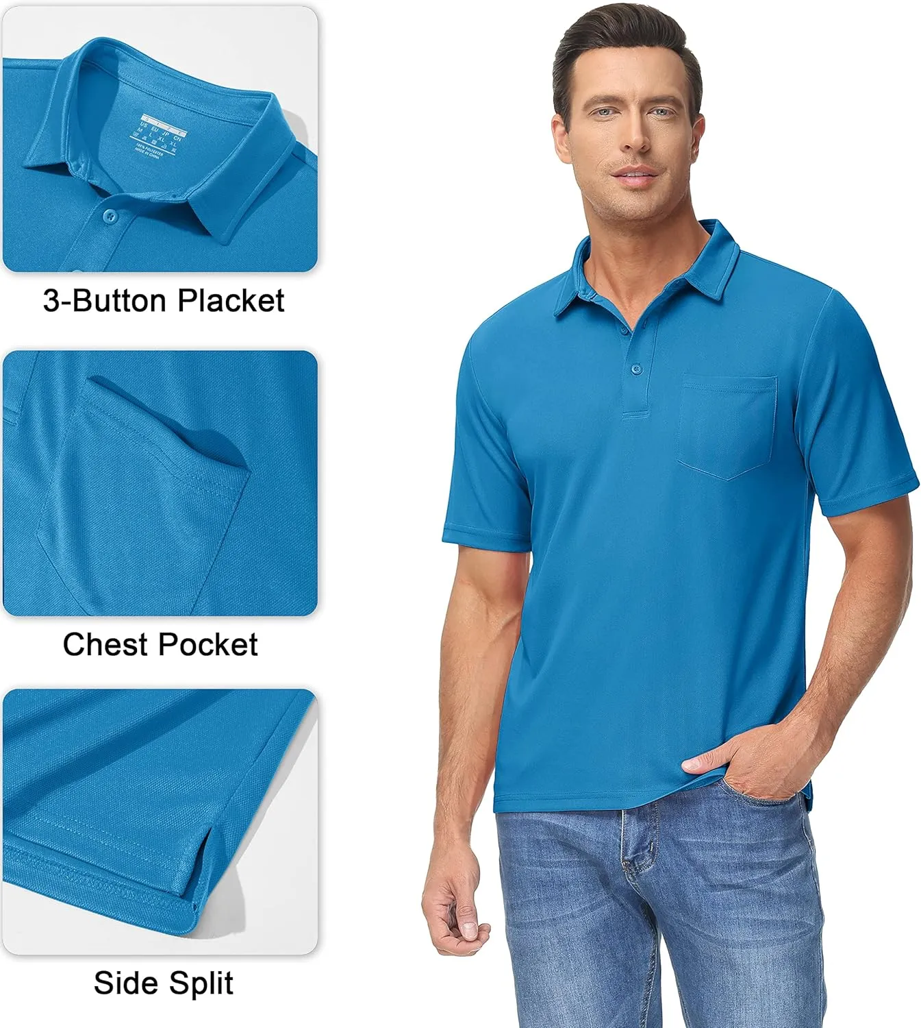 MAGCOMSEN Polo Shirts for Men with Pocket Short Sleeve Collared Golf Shirts Quick Dry Pique Performance Athletic Summer