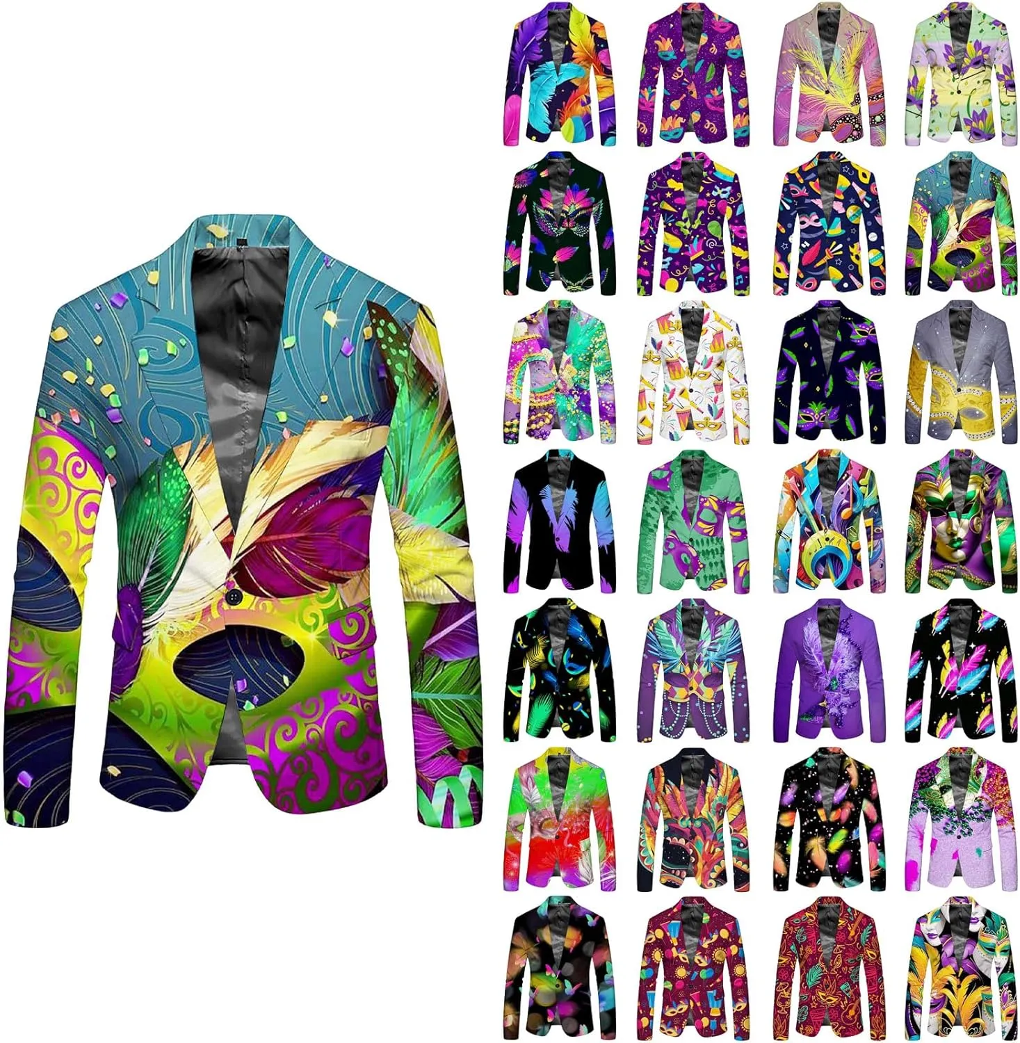 Mardi Gras Outfit Men's Dress Party Floral Suit Jacket Notched Lapel Slim Fit Button Stylish Blazer Formal Suit