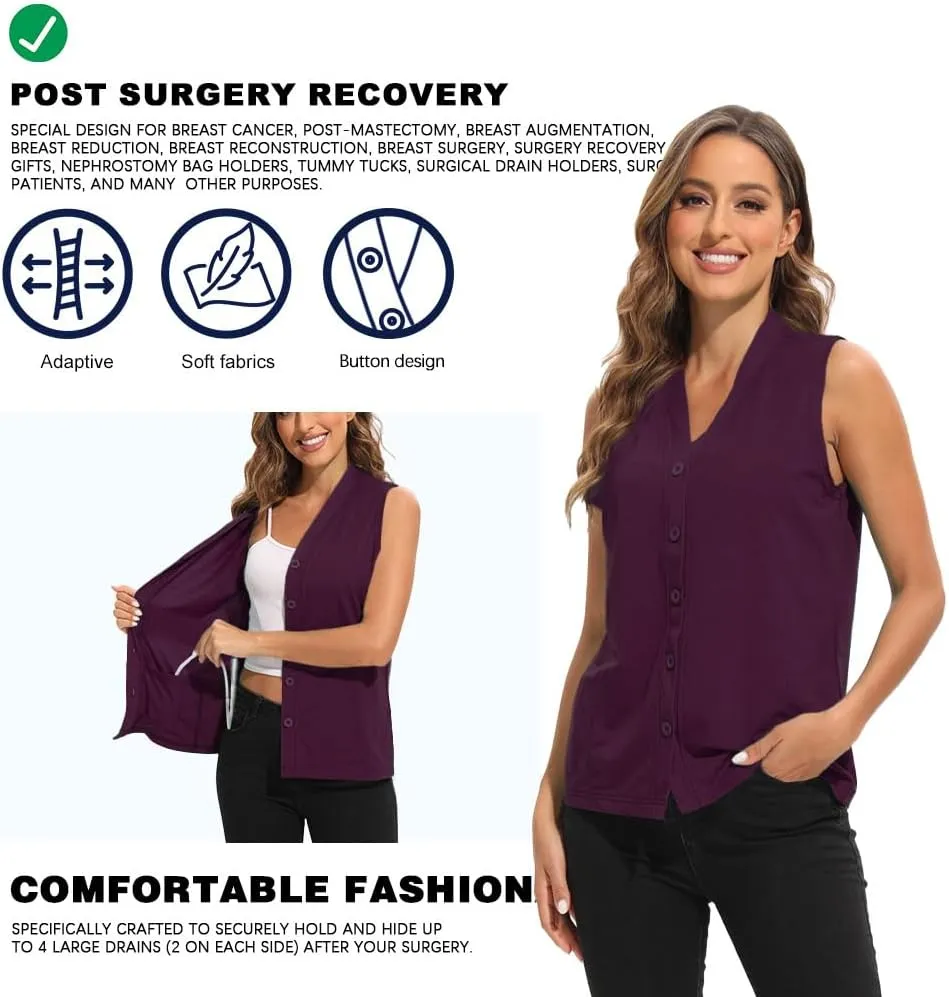 Mastectomy Shirts with Drain Pockets V-Neck Open Front Breast Cancer Shirts for Women Post Mastectomy Must Haves