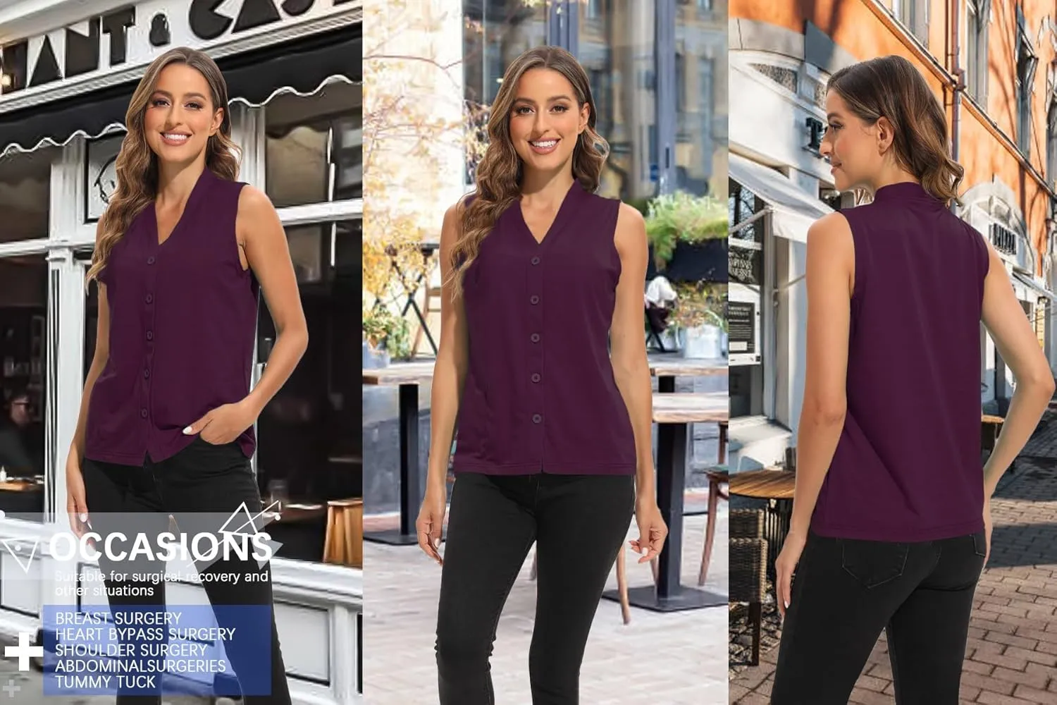 Mastectomy Shirts with Drain Pockets V-Neck Open Front Breast Cancer Shirts for Women Post Mastectomy Must Haves