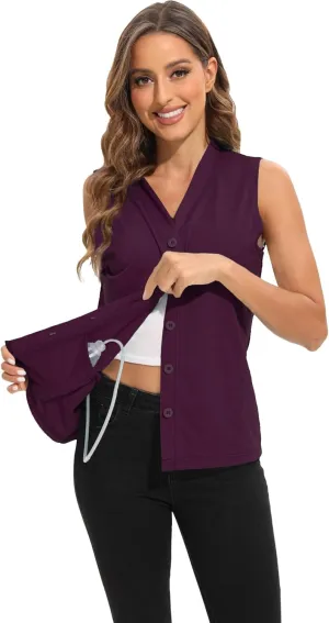 Mastectomy Shirts with Drain Pockets V-Neck Open Front Breast Cancer Shirts for Women Post Mastectomy Must Haves