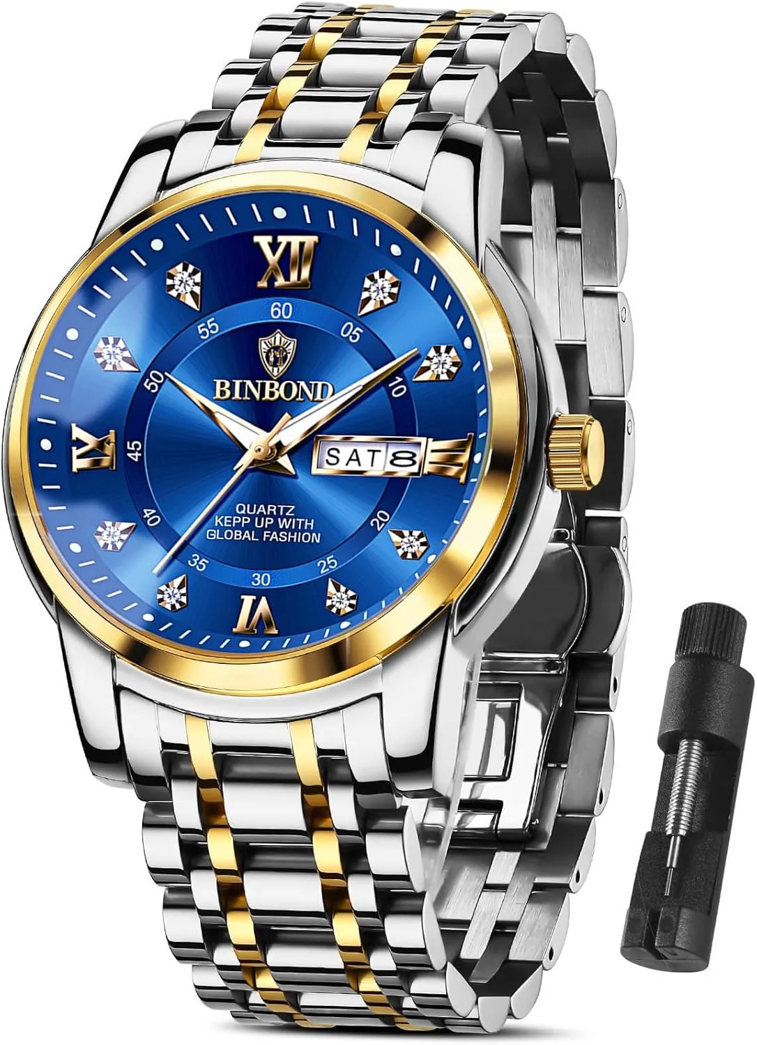 MASTOP Business Watch for Man Luxury Diamond Watch Luminous Date Week Quartz Analog Stainless Steel Sports Classic Elegant Men's Dress Watches Roman Numeral with Tool